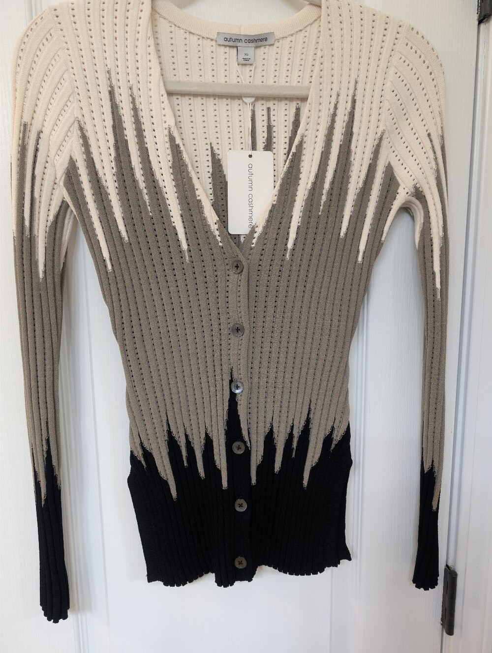 Autumn Cashmere Ombré Drip Ribbed Button-Front Cardigan in  Black/Khaki Island